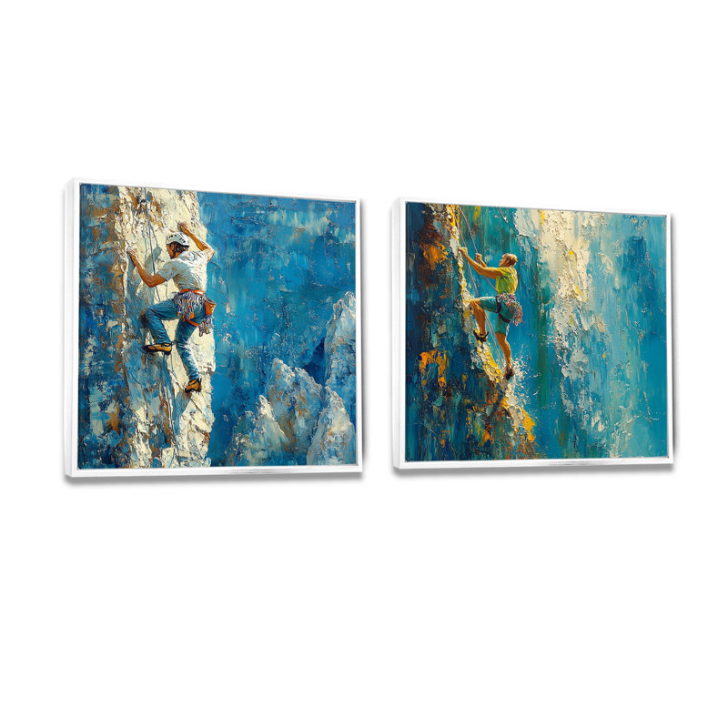 «Blue and White Rock Climbing I - Motivation Climbing Man», art mural traditionnel sur toile 2 pièces, H 36 po x l 73 po