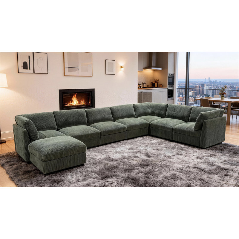 Grepaulsburgh Corduroy Upholstered Modular Sectional, Dark Green Corduroy