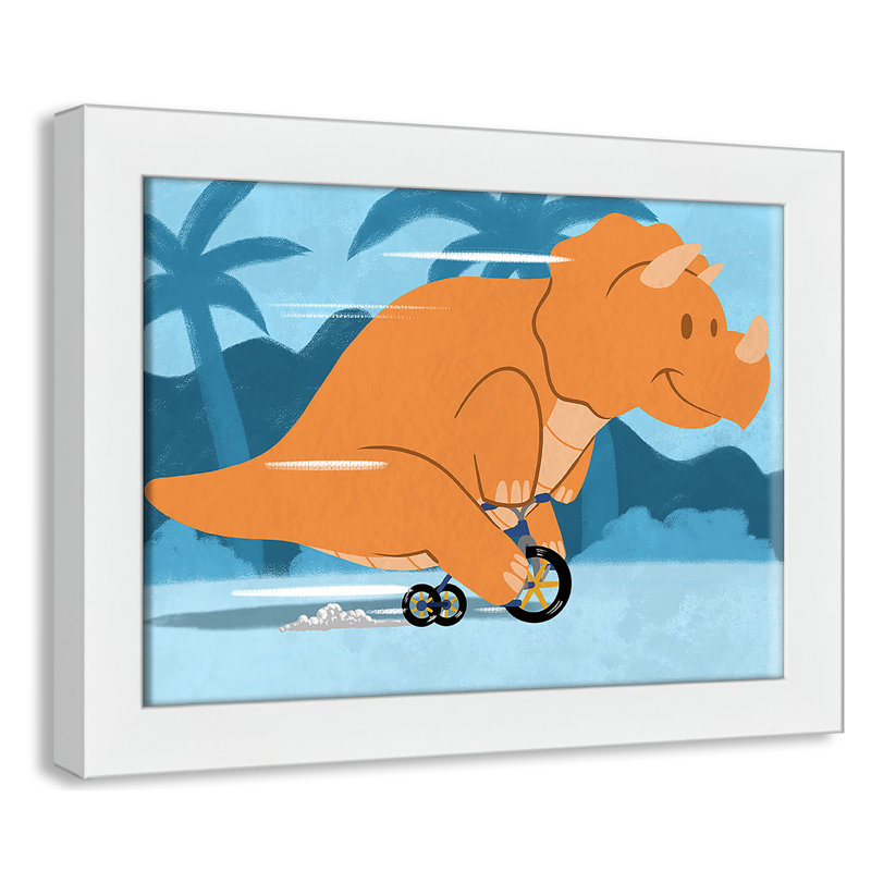 Riding Dino 2 Paper Print, 10" H x 14" W x 0.6" D, White Flat Framed
