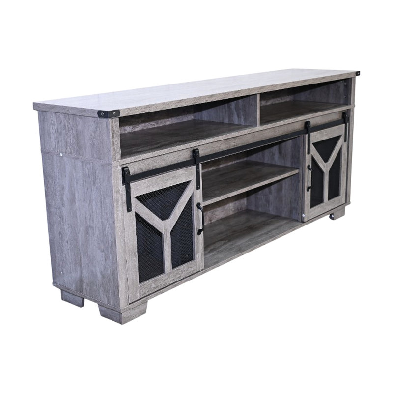 Meuble télé 65,3 po avec bandes lumineuses à DEL et porte de grange en fer avec bande décorative en Y de style campagnard gris