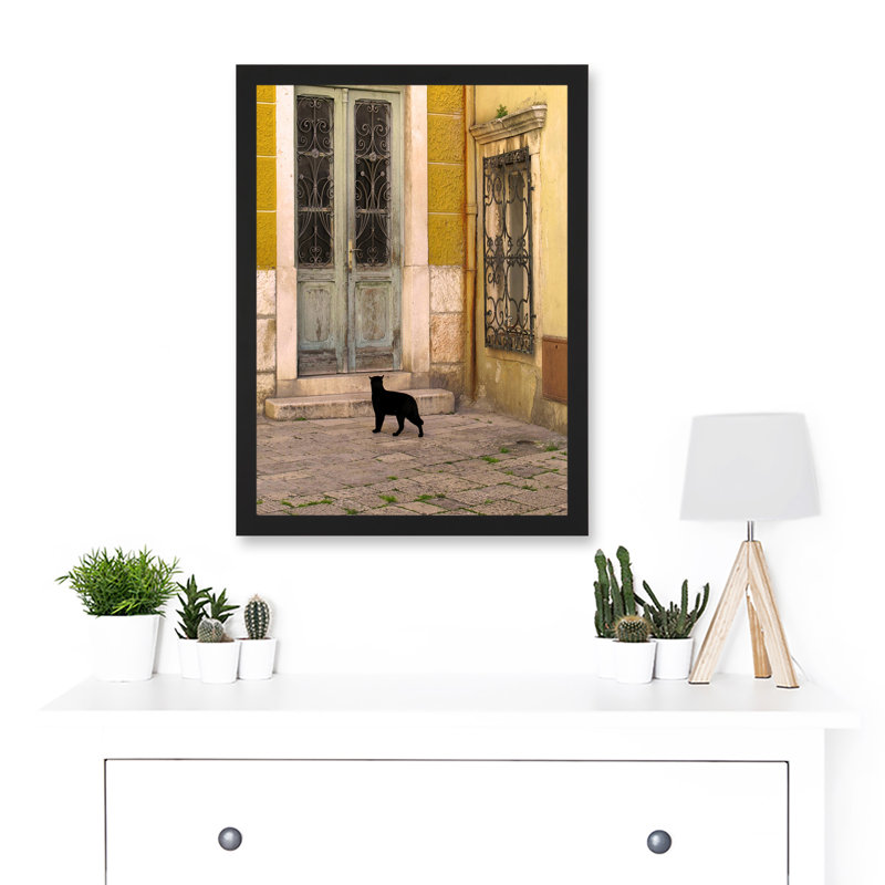 Black Cat Contrast Yellow Brick Old Door - Single Picture Frame Art Prints
