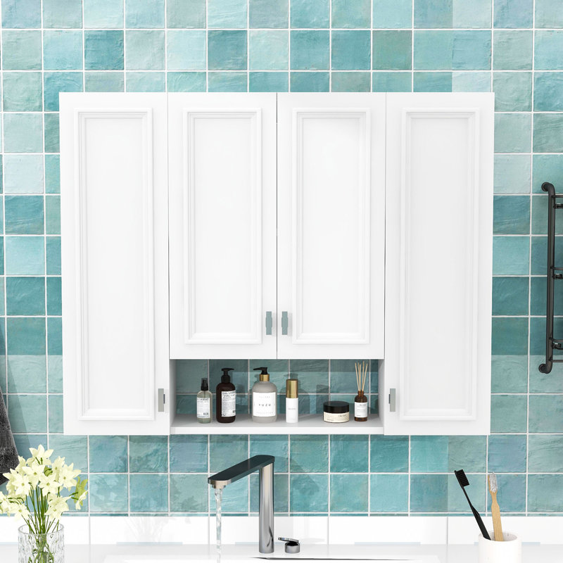 Armoire de salle de bain murale avec tablettes réglables, rangement ouvert et portes à fermeture douce, White