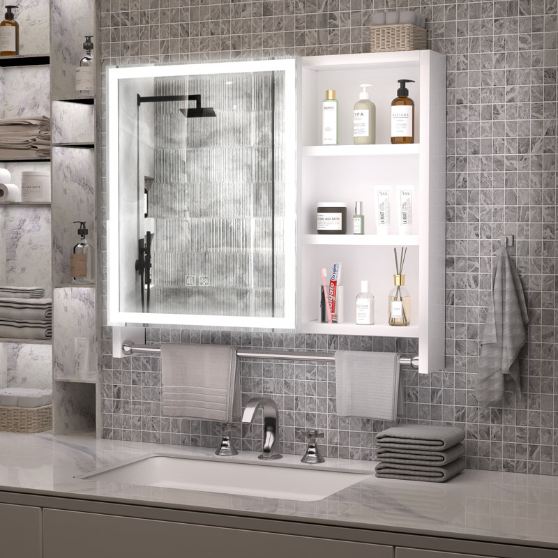 32 x 28 Inch Aluminum Medicine Cabinet with LED Mirrors and Storage