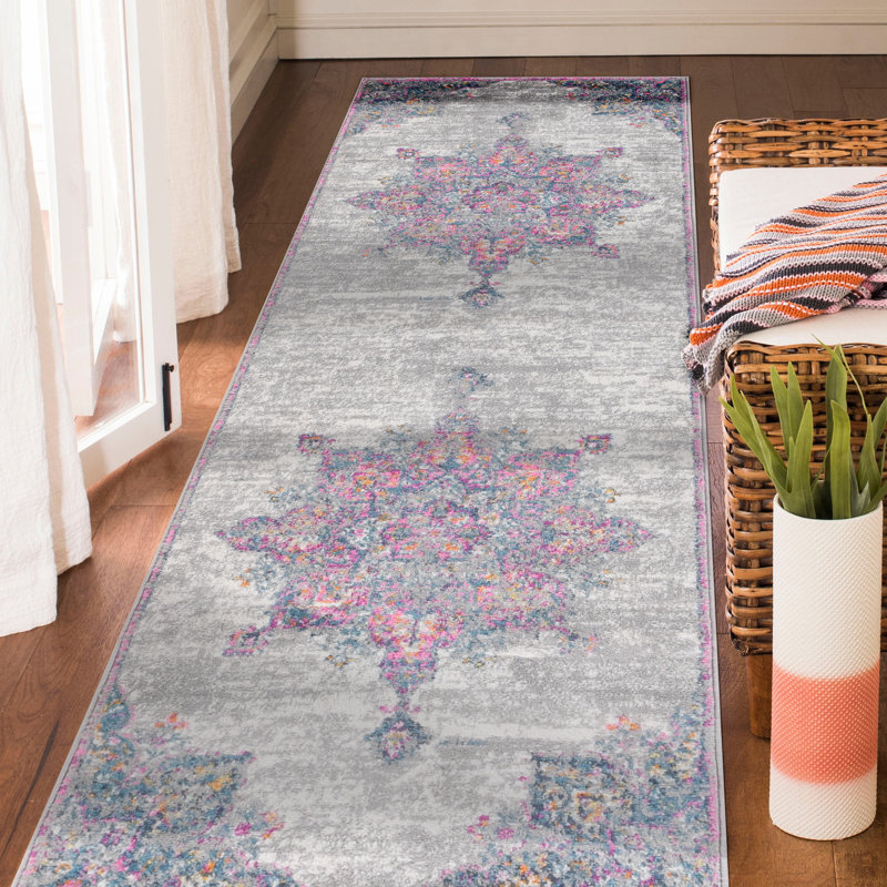 Miranda Medallion Durable Performance Pink/Gray Area Rug, Runner 2'7" x 8'
