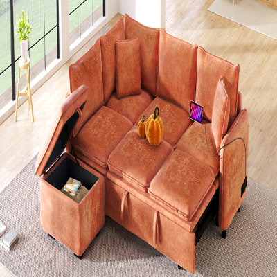Canapé-lit modulaire en L de 82,67 po avec un repose-pieds avec rangement, deux coussins, deux prises de courant et deux ports USB pour le salon, orange