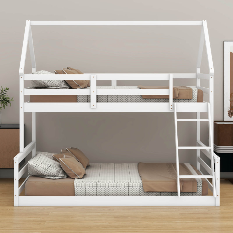 Twin Over Full Pine Wood House Shaped Low Bunk Bed With Built-In Ladder And Full-Length Guardrail, White