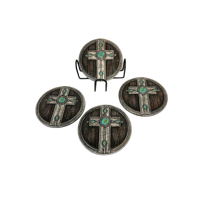Ensemble de 2 sous-verres décoratifs en polyrésine brun Cross Coasters