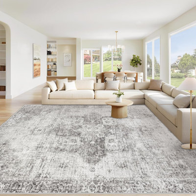 8' x 10' Washable Boho Medallion Area Rug, Vintage Distressed Non-Slip Low Pile Soft Indoor Carpet for Living Room Dining Room Home Office, Grey