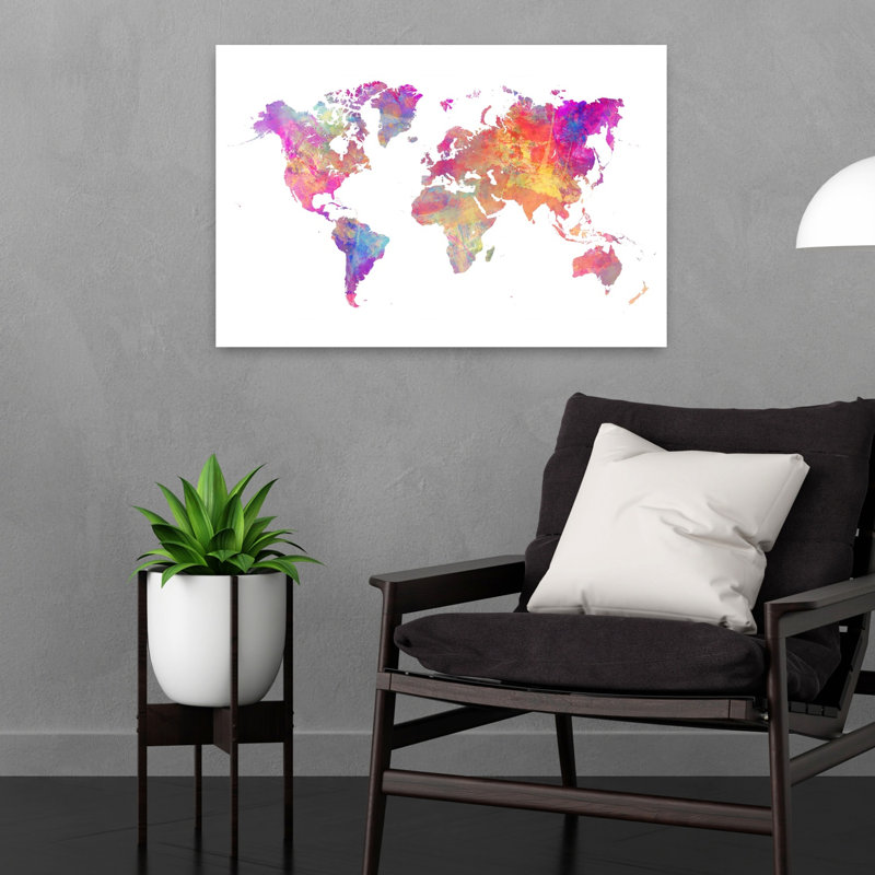 Art mural contemporain coloré carte du monde aquarelle, 16" H x 24" W