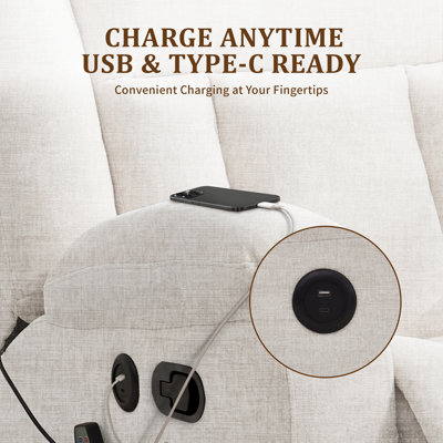 Fauteuil inclinable, fauteuil inclinable berçant avec chaleur et massage, fauteuil inclinable pivotant à 360 ° pour adultes avec poche latérale et ports USB