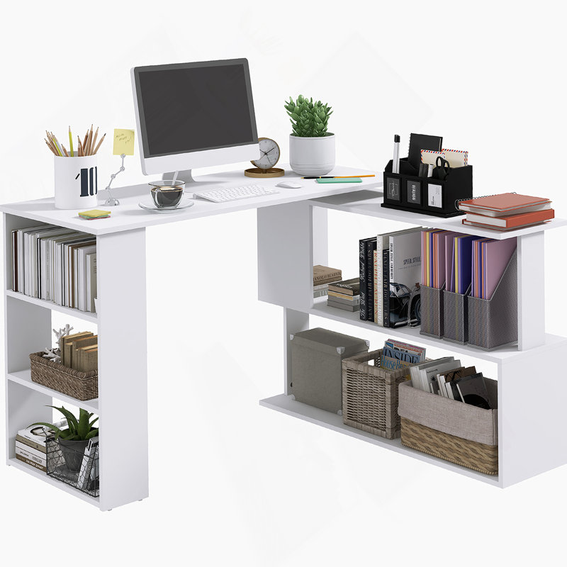 Bureau d'angle en L, bureau à domicile rotatif à 360 degrés avec tablettes de rangement, poste de travail de table d'écriture, blanc