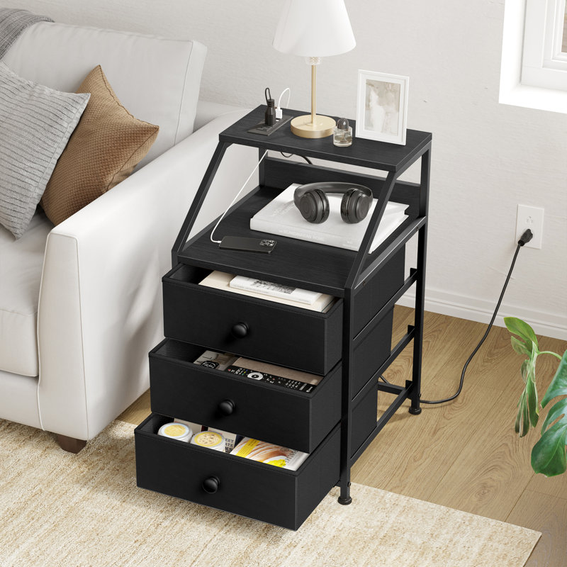 Travison Nightstands with 3 Drawers & Outlets, Bedside Tables with 2 USB Ports & 2-Tier Open Shelf, Black, Individual