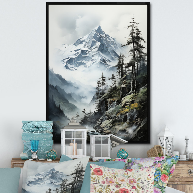 Dantrel vert, montagnes blanches, majestueux pics d'hiver - montagnes, art mural, Cadre flottant noir