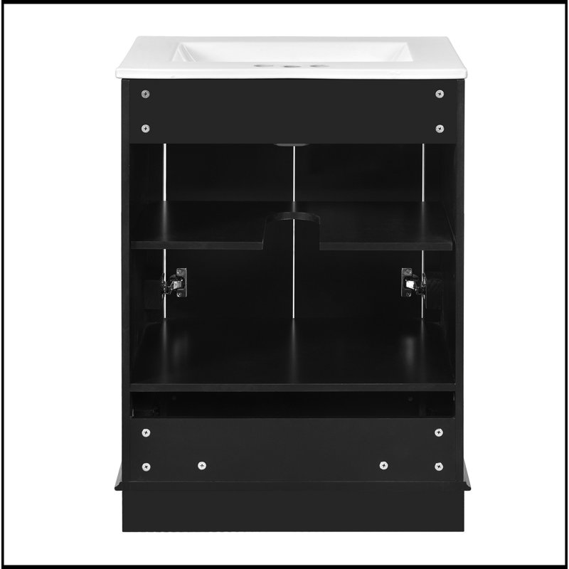 Meuble-lavabo 24 po avec lavabo en céramique, armoire de rangement autoportante moderne avec poignées argentées, portes à fermeture douce