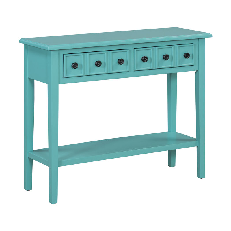 Table d'entrée avec 2 tiroirs, console rustique avec tablette ouverte et pieds en bois d'hévéa pour les entrées, les salons et les couloirs (bleu sarcelle)