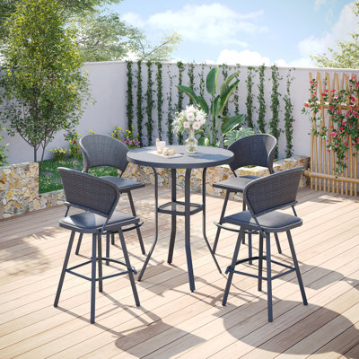 5-Piece Outdoor Bistro Set with Round Bar Table and Wicker Padded Swivel Bar Chairs by Red Barrel Studio