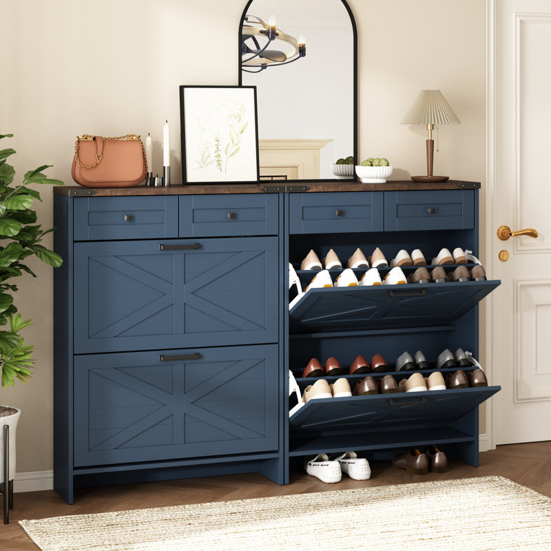 Farmhouse 16 Pair Shoe Cabinet with 2 Storage Drawers, Navy
