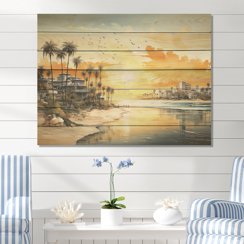 Coastal Sunset Cityscape - Coucher de soleil côtier sur bois, H 24 po x l 32 po