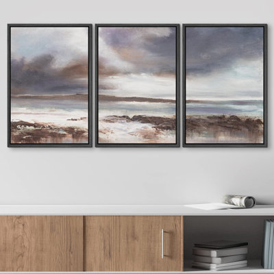 Coastal Beach Stormy Clouds In The Sky Beach Seascape Coastal Modern Home Art, peinture 3 pièces