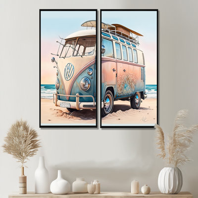 70s Surfing Van At The Beach II - Brown - décoration murale traditionnelle 2 pièces