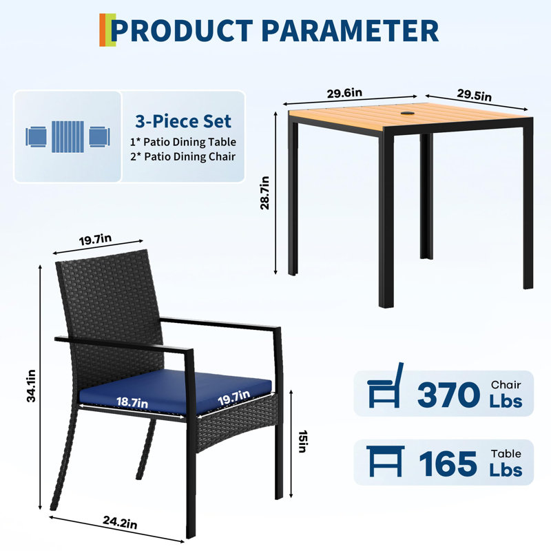 Ensemble de salle à manger d'extérieur 3 pièces, table en osier avec 2 chaises, trou pour parasol et coussins moelleux, mobilier de jardin pour terrasse, jardin, bord de piscine - Noir et bleu