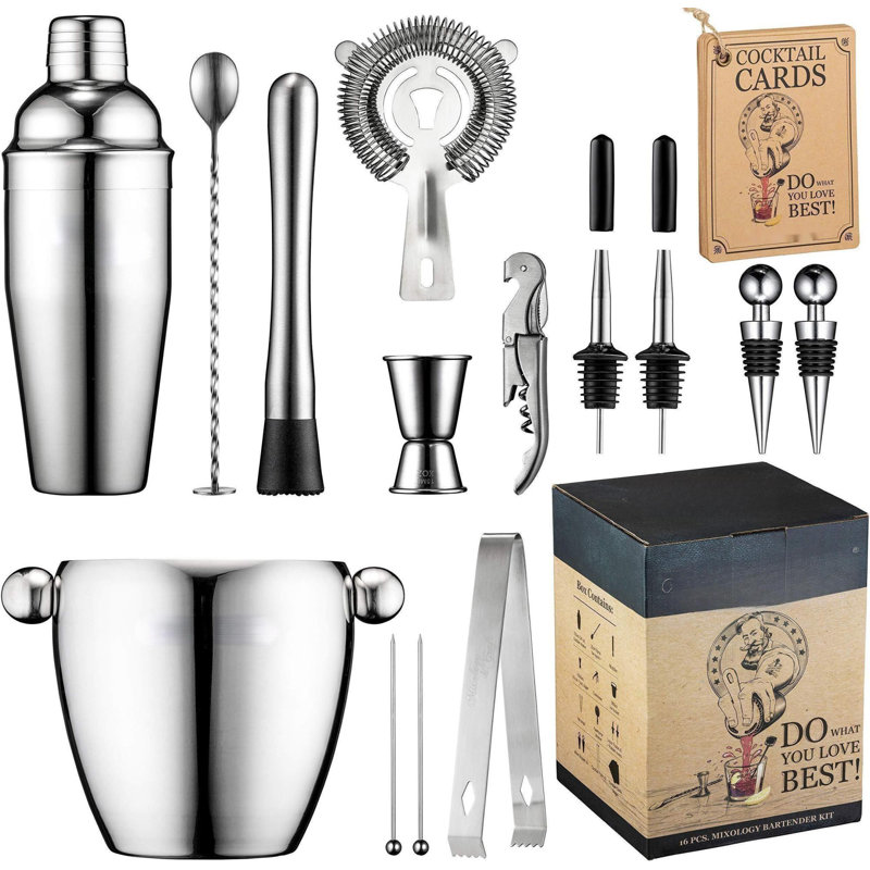 Bar Set 15 Piece Bartender Kit - Cocktail Shaker Set Bar Tool Set For Home And Professional Bartending - Martini Shaker And Drink Mixing Bar Tools - Cocktail Kit W/Exclusive Recipes Bonus