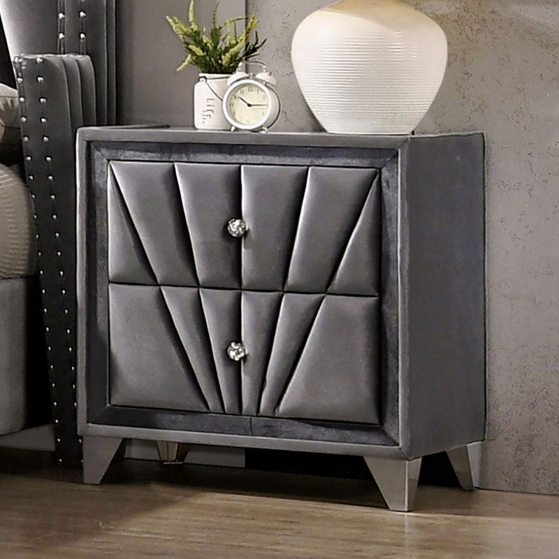 Structure rembourrée Table de chevet de chambre à coucher 1 pièce Tissu gris Cristal Accents de style acrylique Pieds en verre chromés