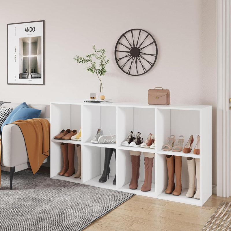 Latitude Run® Shoe Rack, 8 Compartment Open Storage Display Shoes Organizer FSSR017, Ivory White