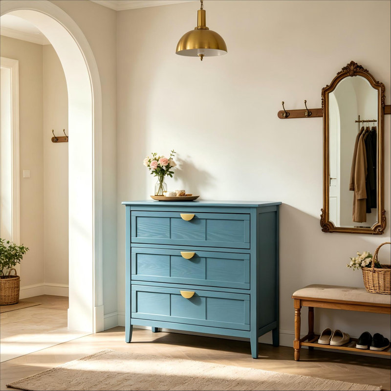 Commode 3 tiroirs de style Mid-Century moderne, commode décorative côtière bleu clair avec poignées en métal doré, armoire de rangement en placage de bois avec pieds en bois massif pour la chambre à coucher, vestibule