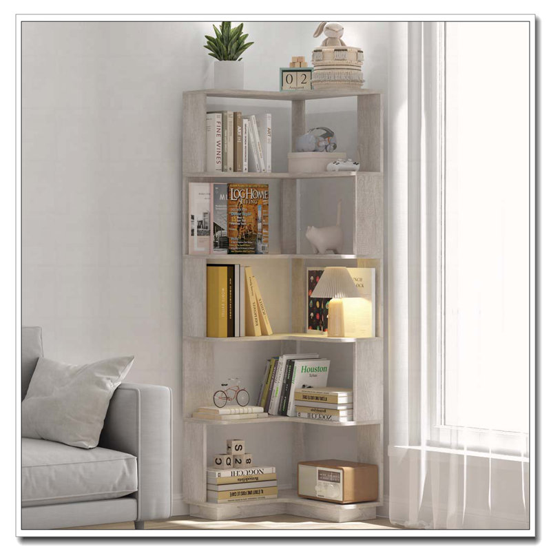 Bibliothèque de coin en L à 6 niveaux pour salon, Gris clair