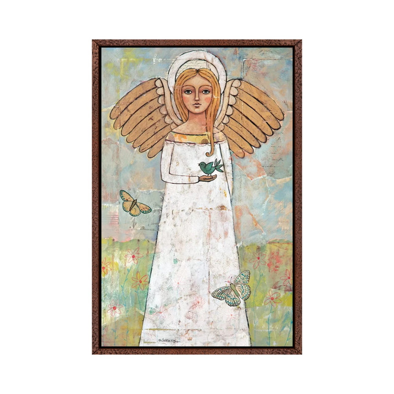 Angel From The Meadow With Bird by Teresa Kogut - Print on Canvas, 66.04 cm H x 45.72 cm W, Classic Brown Wood Framed