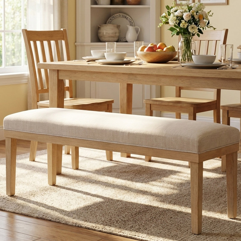 Upholstered Dining Bench Chair  With Solid Wood Legs For Dining Table, 52.8'' W Natural Linen Seat, Ivory