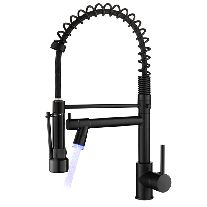 Robinet de cuisine contemporain à DEL avec tirette - noir, poignée simple, évier noir polyvalent, levier, qualité supérieure