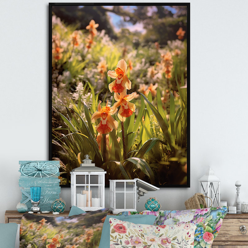Orange, orchidées exotiques, vert, élégance, Cadre flottant noir, H 20 po x l 12 po x P 1 po