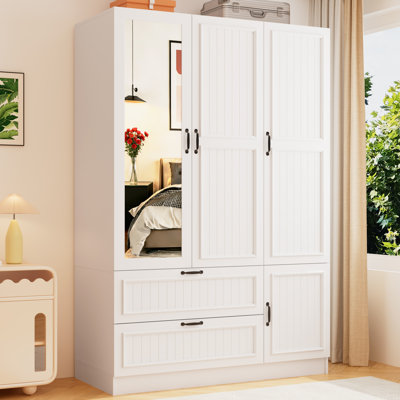 Vertical Grooved Door Wardrobe Closet With Mirror, Motion Sensor LED Lights, 2 Drawers & Adjustable Shelves