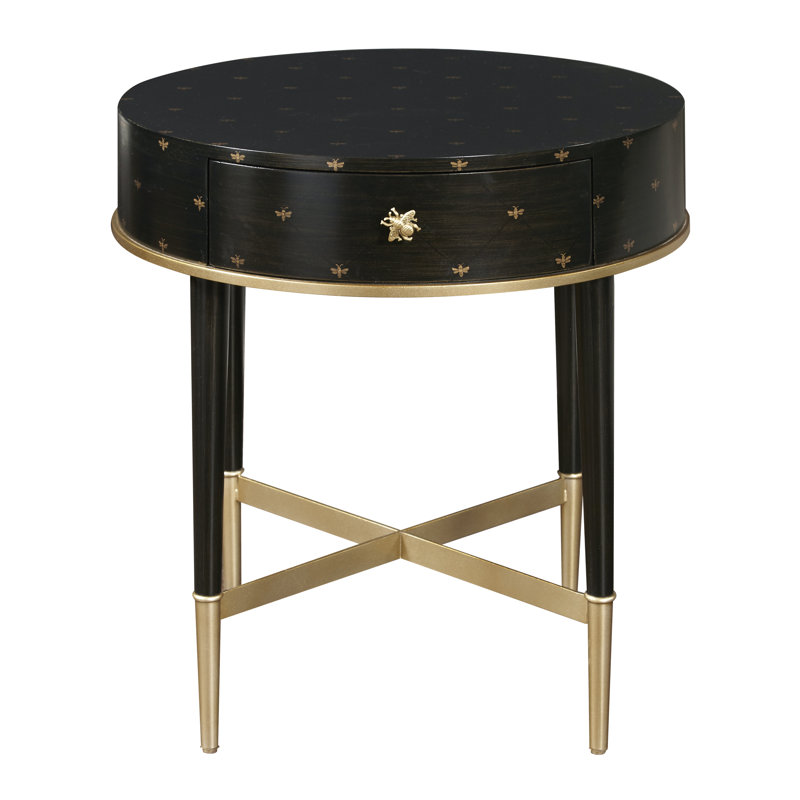 Gold and Black Round Wood Metal Accent Table with Storage