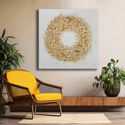 Golden Feather Circle Abstract Canvas Wall Art