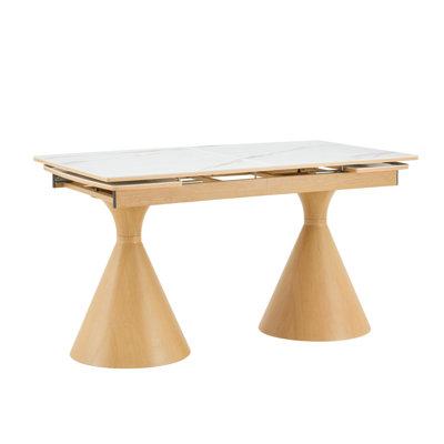 Extendable Stone-Top Dining Table: White marble-patterned tabletop with wood-colored tapered metal legs. A modern, luxury-inspired rectangular dining table for home use, suitable for 4–8 people.
