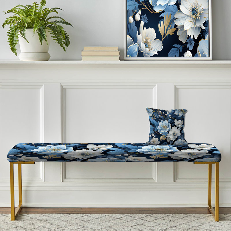Toler - Floral Upholstered Gold Bench, Mystical Blue Botanic Floral Ballet