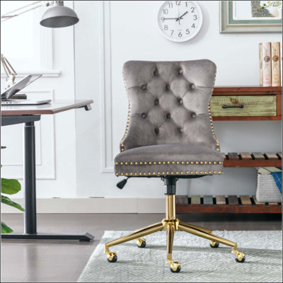 Furniture Office Chair,Velvet Upholstered Tufted Button Home Office Chair With  Metal Base,Adjustable Desk Chair Swivel Office Chair