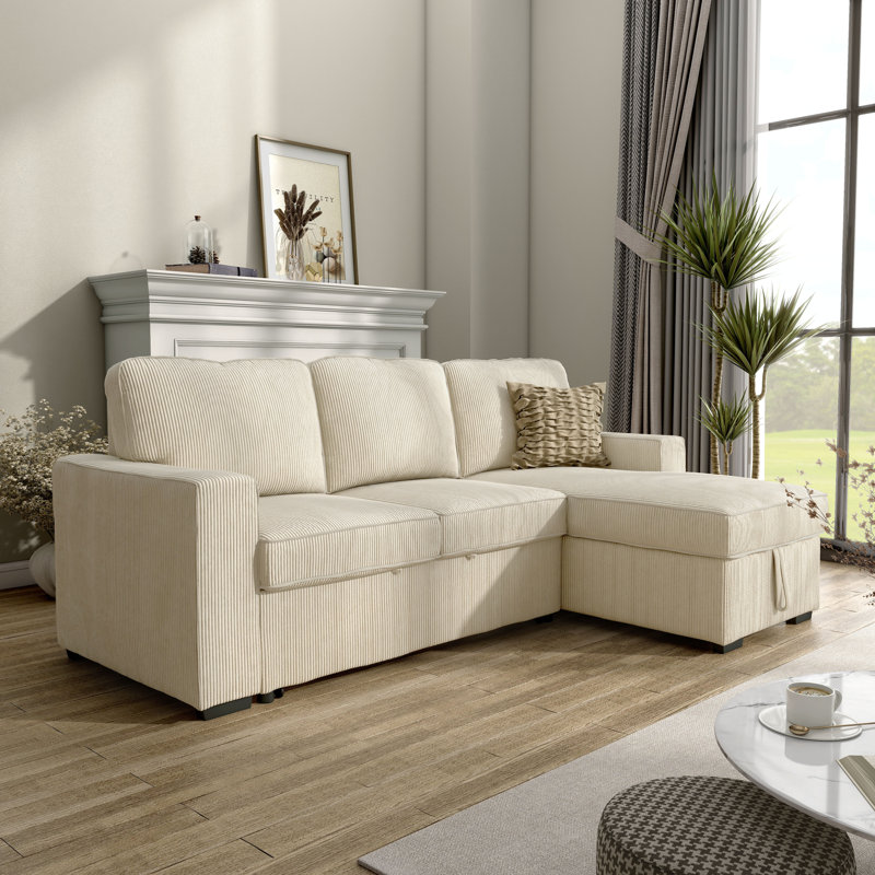 Maslynn 3-Piece Reversible Corduroy Pull-Out Sleeper Sectional with Storage , Beige Corduroy