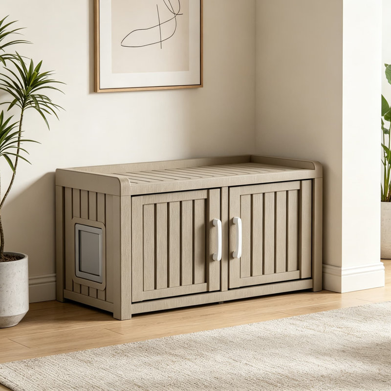 Banc de rangement pour chaussures 2 portes avec armoire dissimulée pour porte latérale, banc de vestibule imperméable avec siège, range-chaussures compact pour le couloir, utilisation intérieure / extérieure, gris