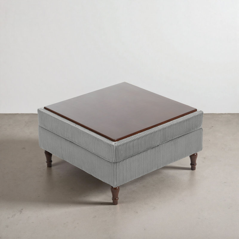 Upholstered Light Gray Square Tufted Corduroy Flip-Tray Top Storage Ottoman, Single Ottoman Modular Part For Sectional Sofa