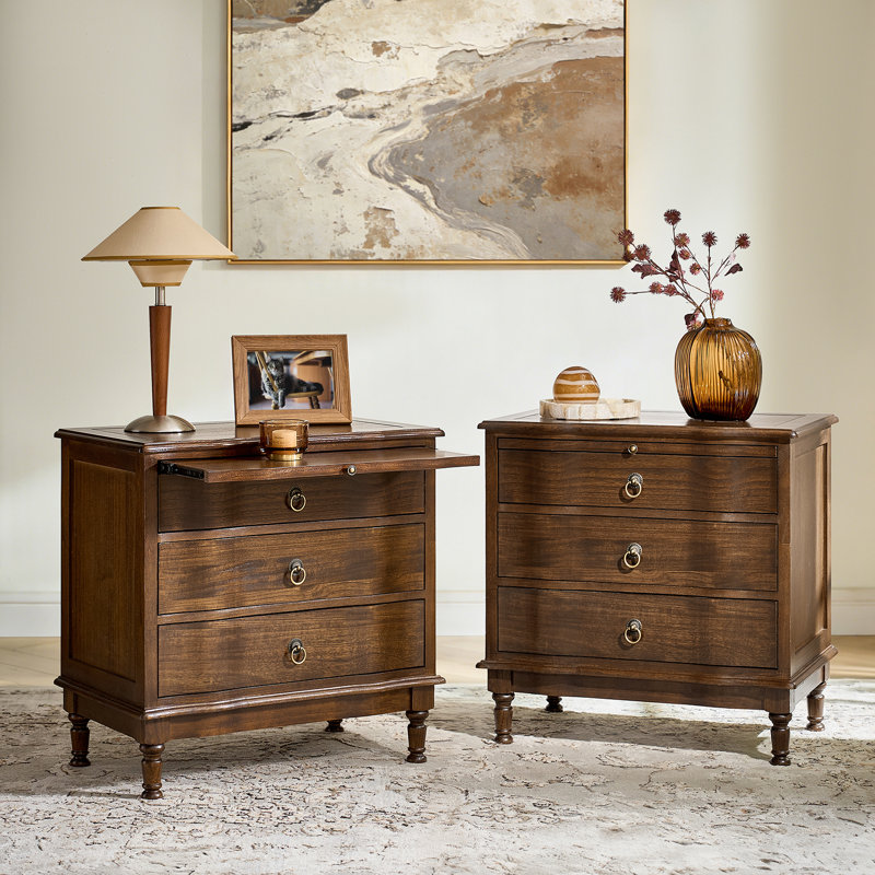 Sessoms Coastal Traditional 3-Drawer Curved End Table with Pull-out Shelf and Simple Assembly and Charging Station, Walnut