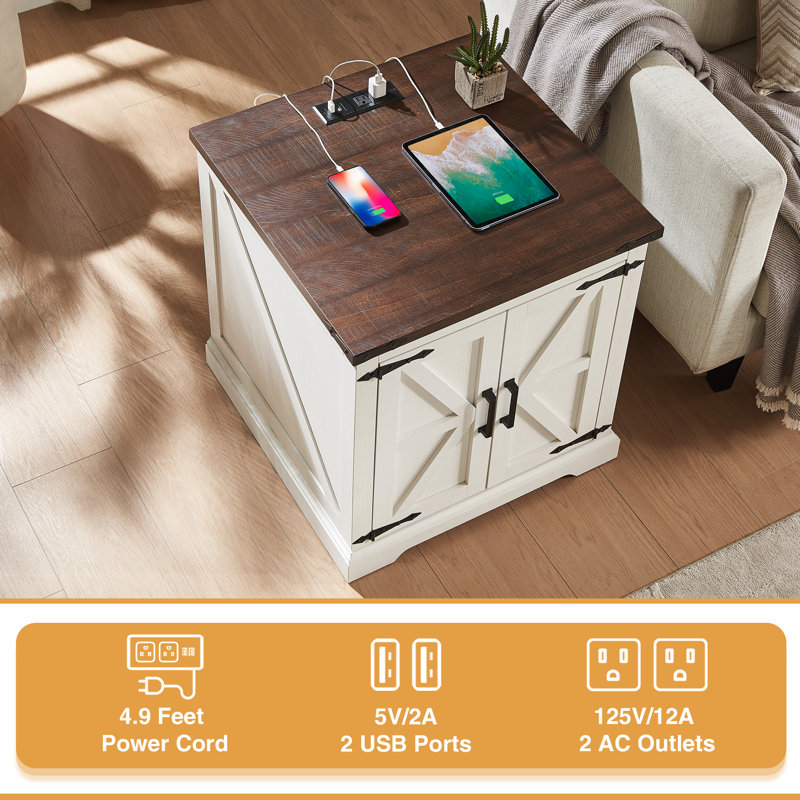 Jaimar 24"W Farmhouse Square End Table with Charging Station&Adjustable Storage Shelf,  Dark Walnut, Vintage White