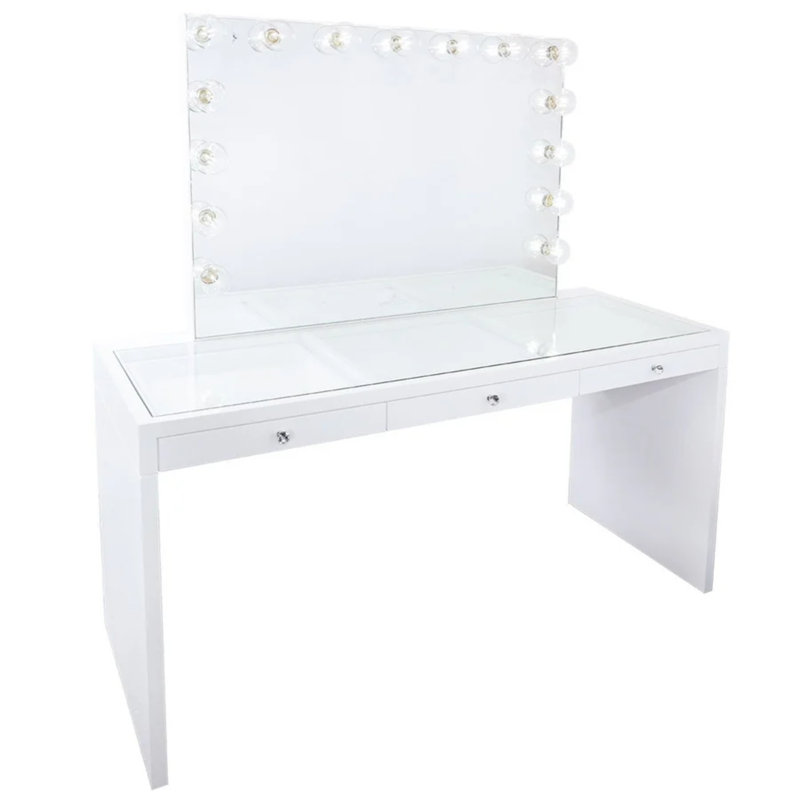Slaystation Pro Desk with Mirror and Lights, Glasstop Makeup Table with 3 Storage Drawers, Hollywood Glow Plus Vanity Mirror with LED Lights for Bedroom