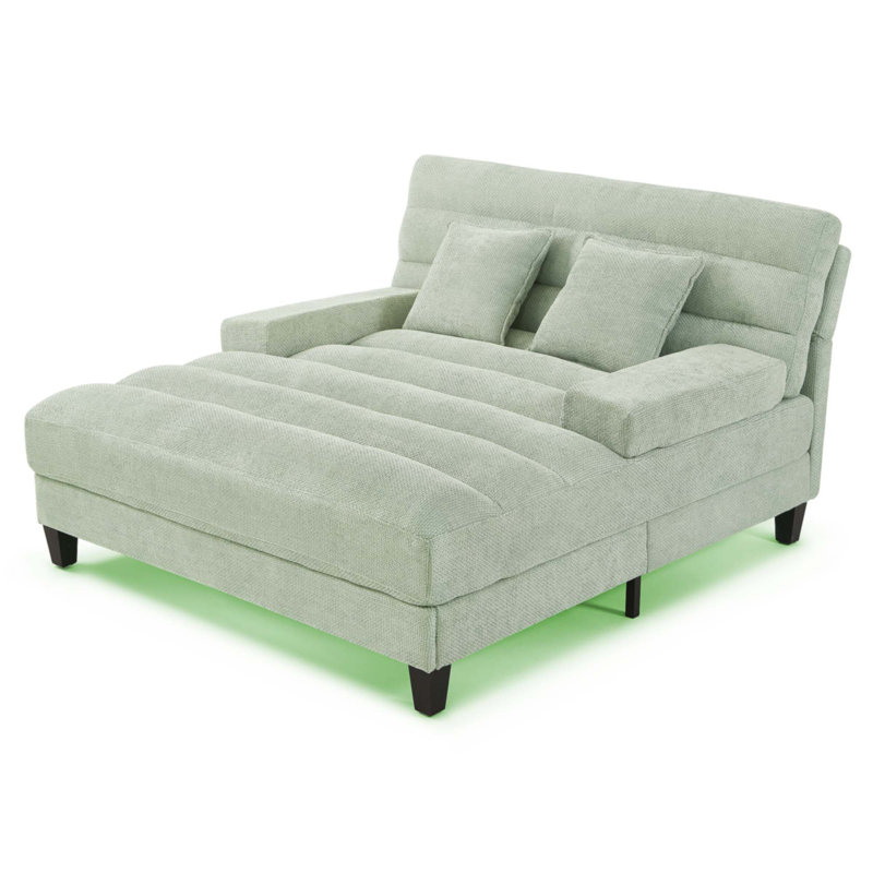 Méridienne moderne avec méridienne 57,1 po Canapé-lit rembourré en chenille avec dossier réglable et bande lumineuse DEL pour le salon, vert