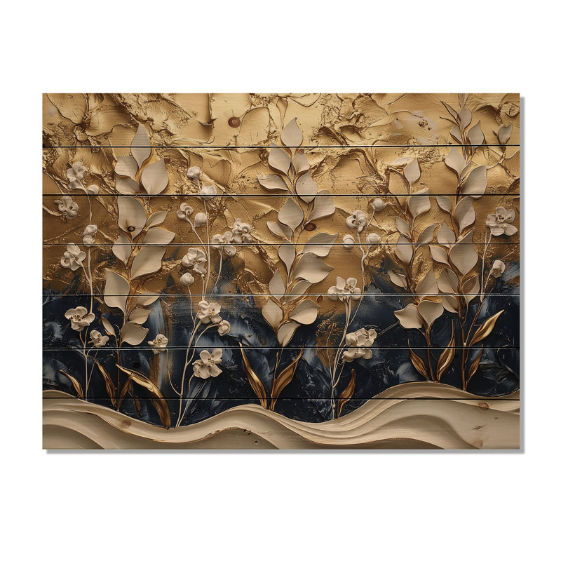 Or doré, herbes d'harmonie - Art floral sur bois en bois de pin naturel, H 10 po x l 20 po
