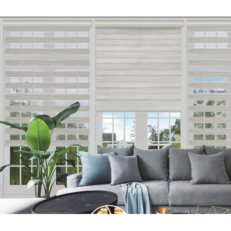 Store à enroulement semi-transparent sans cordon aspect bois jour et nuit, L 24 po x L 84 po, Beige