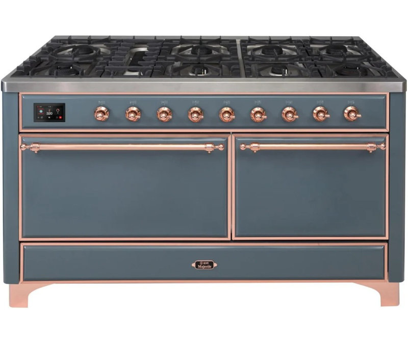ILVE UM15FDQNS3BKCLP Majestic II 60 inch Dual Fuel Range with 9 Burners, Griddle (Liquid Propane, Solid Door, Glossy Black, Chrome)